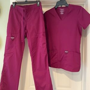 Burgundy/magenta Cherokee Workwear scrubs, XXS- top; XS-bottom.